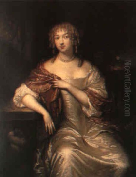 Portrait Of A Seated Lady In White Satin Dress Oil Painting by Caspar Netscher