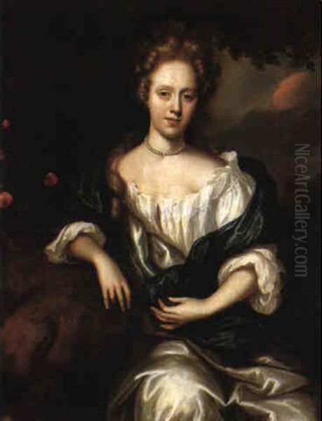 Portrait Of A Lady In A White Dress And Blue Shawl Oil Painting by Caspar Netscher