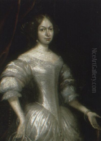 Portrait Of A Lady, Standing Three-quarter Length In A White Dress Oil Painting by Caspar Netscher