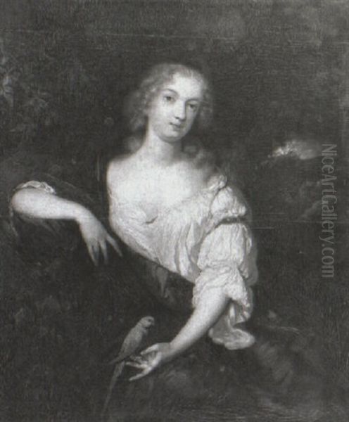 Portrait Of A Lady Wearing A White Chemise, Holding A Parrot Oil Painting by Caspar Netscher