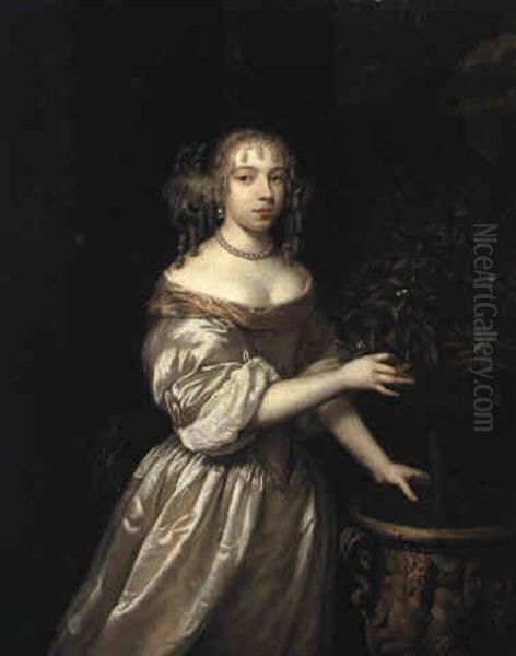 Portrait Of A Young Lady In An Ivory Silk Gown Beside Orange Tree Oil Painting by Caspar Netscher