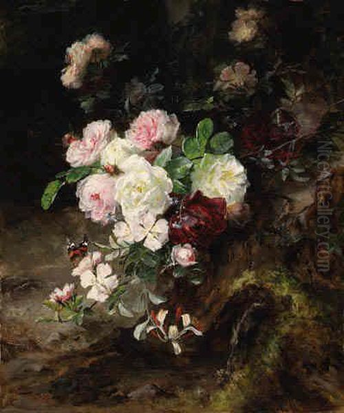 Floral Still Life Of Roses Oil Painting by F. X. Birkinaer