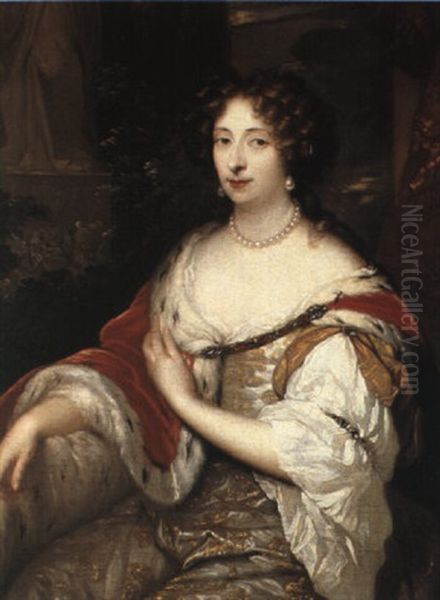 Portrait Of A Lady, Three Quarter Length In A Brocade Gown Oil Painting by Caspar Netscher