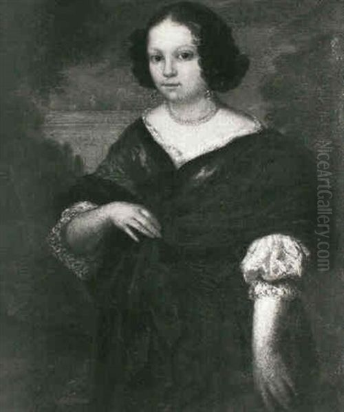 A Portrait Of A Lady, Standing Three Quarter Length In An   Ornamental Garden Wearing A Black Dress And A Gold Chain Oil Painting by Caspar Netscher