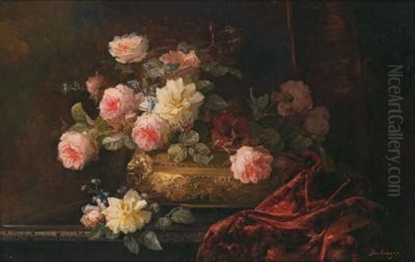 Natura Morta Con Rose E Nontiscordardime Oil Painting by Franz Xaver Birkinger