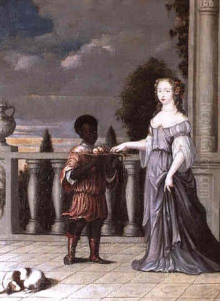 Dama Con Paggetto Negro E Cagnolino Su Un Terrazzo Oil Painting by Caspar Netscher