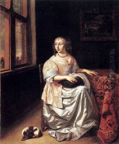 A Lady Seated In An Interior Oil Painting by Caspar Netscher