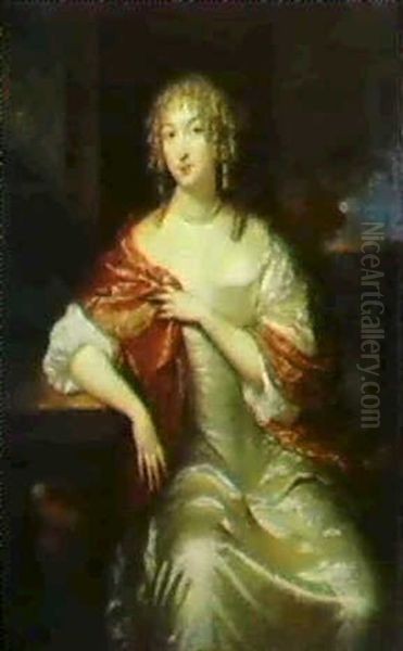 Portrait Of A Lady, Seated Small Three-quarter Length In A  White Satin Dress With A Crimson Brocade Wrap Oil Painting by Caspar Netscher