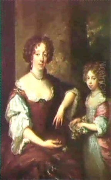 Double Portrait Of Isabella, Countess Of Arlington And Her  Daughter, Isabella, Seen On A Terrace Before A Column Oil Painting by Caspar Netscher