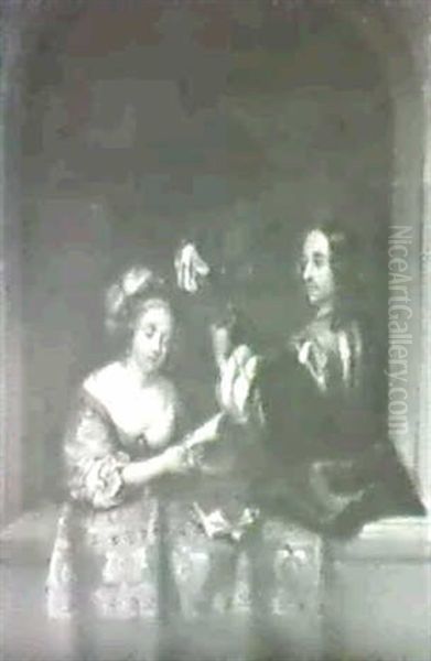 Interior Scene With Man And Woman At A Window Oil Painting by Caspar Netscher