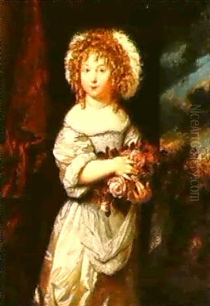 Portrait Of A Girl Holding A Basket Of Roses by Caspar Netscher