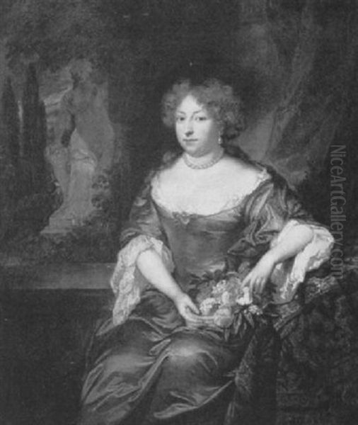 Portrait Of A Lady, Seated Small Three-quarter Length,      Wearing A Grey Satin Dress by Caspar Netscher