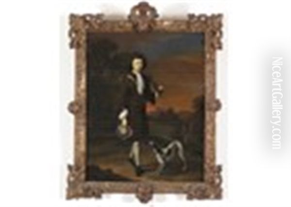 A Young Sportsman With A Whippet In A Landscape Oil Painting by Constantyn Netscher