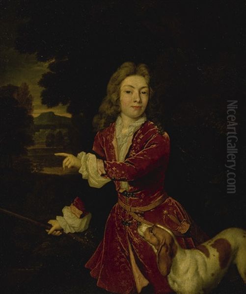 Portrait Of A Young Hunter In A Landscape With His Dog Oil Painting by Constantyn Netscher