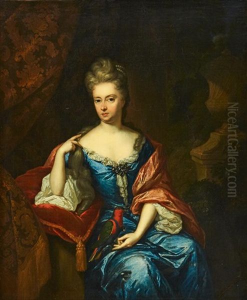 Portrait Of A Lady With A Parrot Oil Painting by Constantyn Netscher