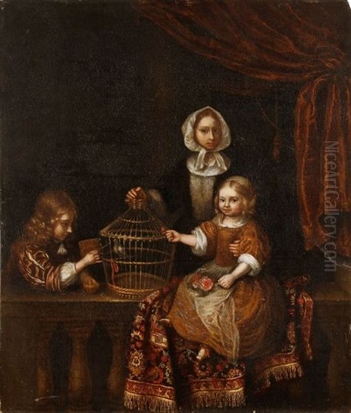 Deux Enfants Avec Une Cage A Oiseaux Oil Painting by Constantyn Netscher