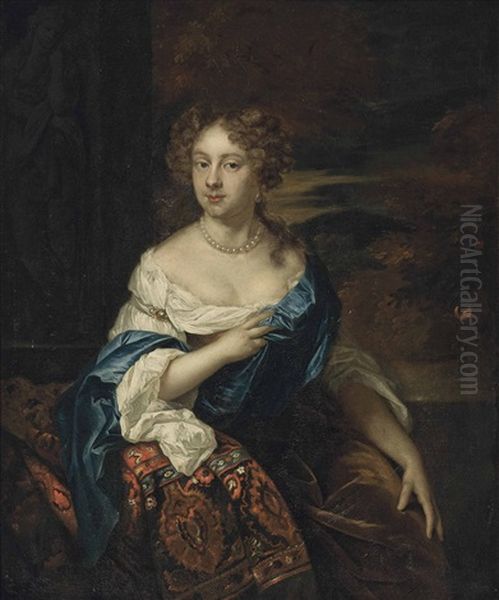 Portrait Of A Lady, Three-quarter-length, In A White Dress And A Blue Wrap, Seated Beside A Sculpture, A Wooded Landscape Beyond Oil Painting by Constantyn Netscher