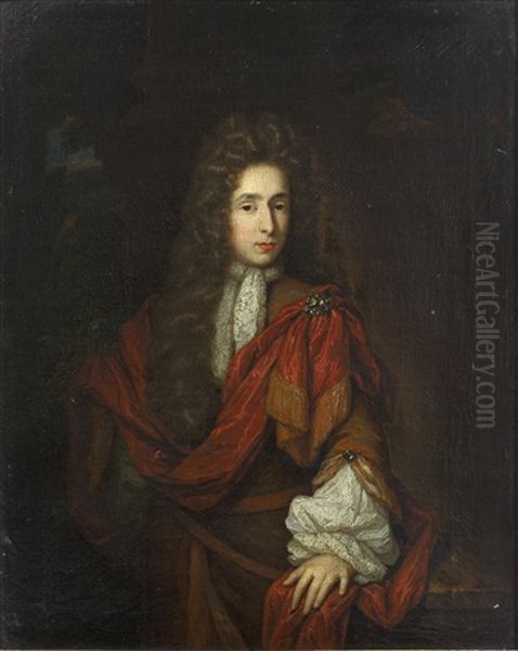 Portrait Of A Gentleman, Standing, Three-quarter Length Before A Parkland Setting Oil Painting by Constantyn Netscher