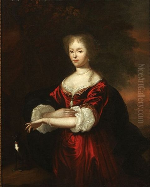 Portrait Of A Lady In Red Dress With A Dog Oil Painting by Constantyn Netscher