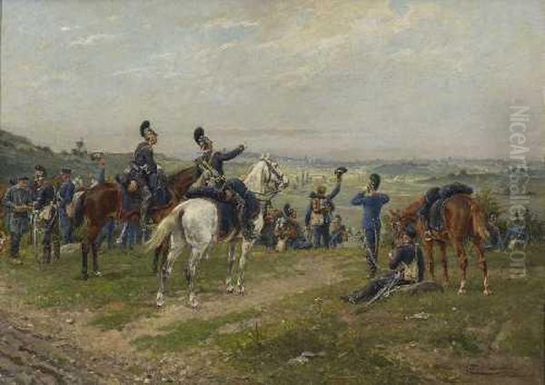 Recognoscierende Bayerische Soldaten Vor Der Stadt. Oil Painting by Fritz Birkmeyer