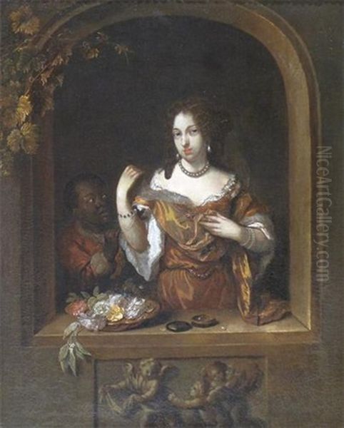 A Lady Selling Jewellery At A Window With Her Attendant At Her Side Oil Painting by Constantyn Netscher