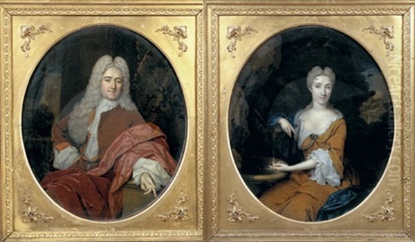 Portrait D'homme Accoude (+ Portrait De Dame Pres D'une Fontaine; Pair) Oil Painting by Constantyn Netscher