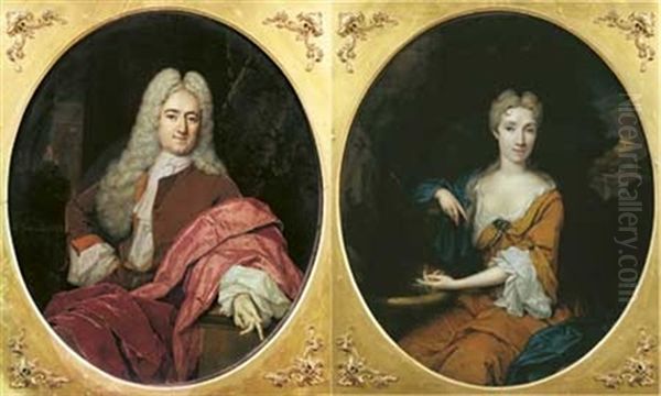 Portrait D'homme Accoude (+ Portrait De Dame Pres D'une Fontaine; Pair) Oil Painting by Constantyn Netscher