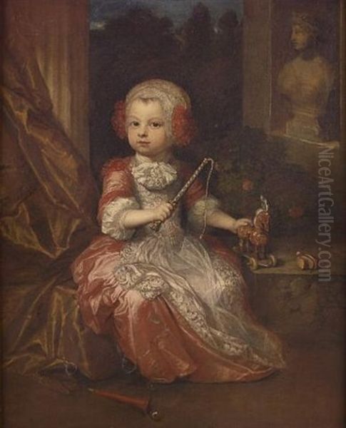 Portrait Of A Young Boy, In A Salmon Coloured Gown With A Lace Trimmed Apron, And A Lace Bonnet, Holding A Crop And A Toy Horse, By A Partially Draped Column, A View To A Garden Beyond Oil Painting by Constantyn Netscher