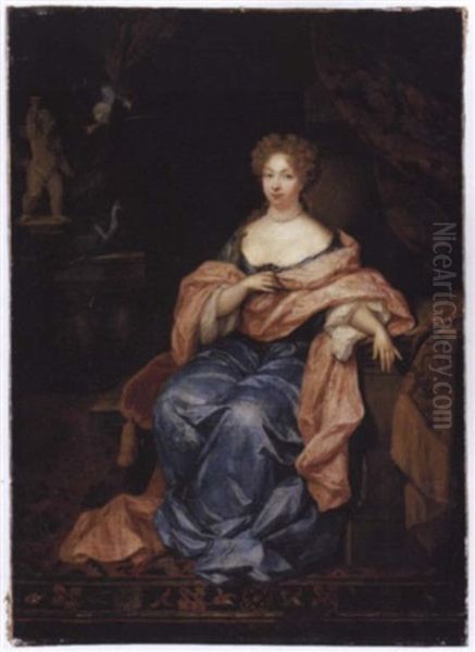 Portrait Of A Lady Seated In An Interior Wearing A Blue Silk Dress With A Pink Silk Shawl Oil Painting by Constantyn Netscher