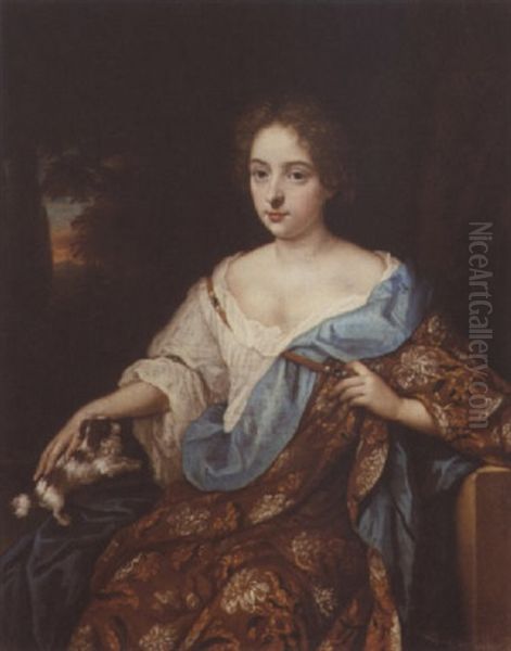 Portrait Of A Lady Wearing A Brown Embroidered Dress And Blue Mantle Oil Painting by Constantyn Netscher