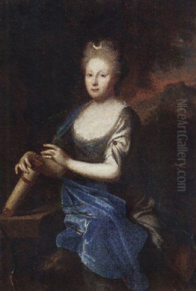 Portrait Of A Lady In A Silver Dress And Blue Mantel, As Diana Oil Painting by Constantyn Netscher