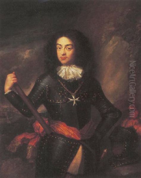 Portrait Of A Commander In Armour With The Order Of The Knights Of Malta And A Red Sash, Holding A Baton, A Landscape Beyond Oil Painting by Constantyn Netscher