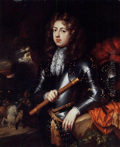 Portrait Of A Military Commander In Armour Holding A Baton, His Plumed Helmet On A Rock Nearby, A Cavalry Battle Beyond Oil Painting by Constantyn Netscher