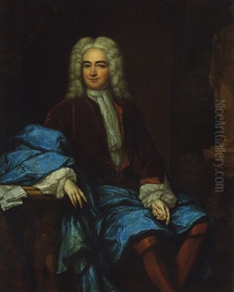 Portrait Of A Gentleman Wearing A Brown Jacket And Blue Mantle, His Hand Resting Upon A Stone Table Oil Painting by Constantyn Netscher