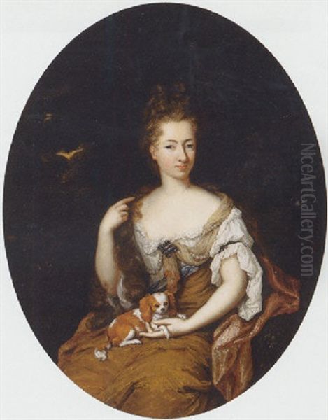 Portrait Of A Noblewoman Seated In A Landscape, Wearing A Blue Lined, Ochre Silk Dress With Lace Chemise, Holding A Pet Dog On Her Lap by Constantyn Netscher