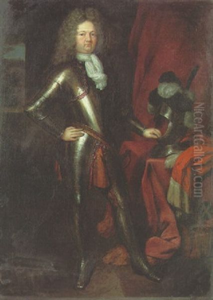 Portrait Of A Commander (comte De Martigny?) In Armour, His Helm On A Draped Table Beside Him Oil Painting by Constantyn Netscher