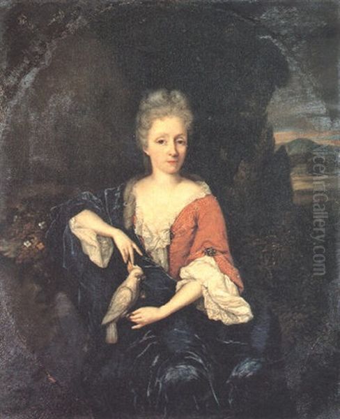 Portrait Of A Lady, Three-quarter Length Holding A Cockatoo Oil Painting by Constantyn Netscher