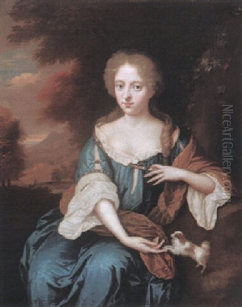 Portrait Of A Lady, Three-quarter Length, Seated With Her Dog Oil Painting by Constantyn Netscher