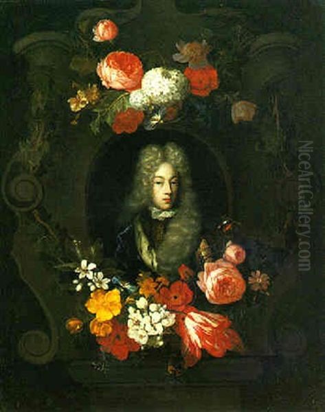 Portrait Of A Young Man Within A Cartouche Adorned With Flowers Oil Painting by Constantyn Netscher