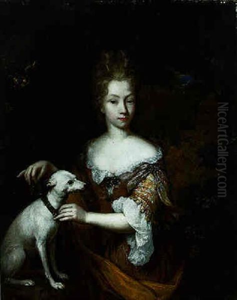 Portrait Of A Lady In A Landscape Putting A Collar On Her Dog Oil Painting by Constantyn Netscher