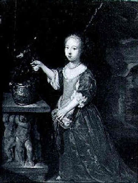 Portrait Of A Young Girl Holding A Rose Beside A Stone Plinth Carved With Putti, An Extensive Landscape Beyond Oil Painting by Constantyn Netscher