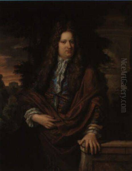 Portrait Of A Gentleman In A Blue Coat And A Maroon Cloak Oil Painting by Constantyn Netscher