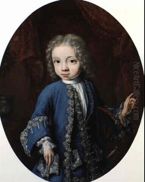 Portrait Of A Boy In Blue Coat Holding A Walking Stick Oil Painting by Constantyn Netscher