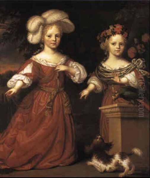 Portrait Of Two Girls With Spaniel Oil Painting by Constantyn Netscher