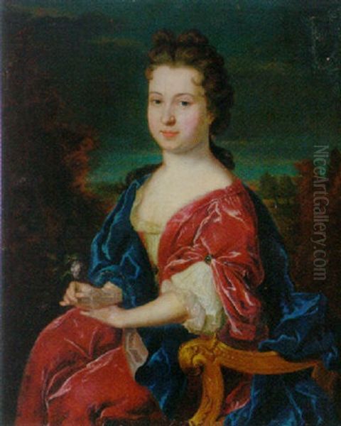 Portrait Of A Lady Wearing A Crimson Dress With A White Lace Bodice And Blue Wrap Oil Painting by Theodorus Netscher