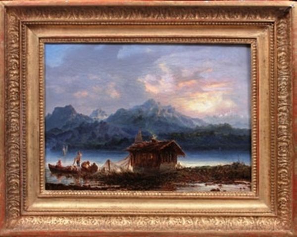 Vue D'un Lac Suisse (thoune?) Oil Painting by Benjamin Netter