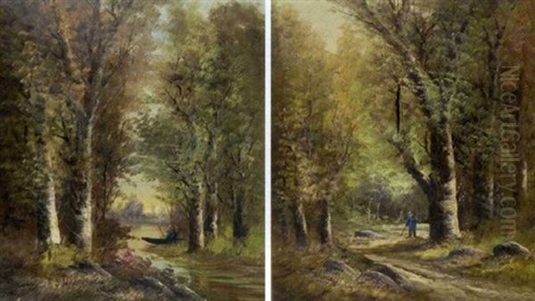 Pecheur  (+ Promeneur En Sous-bois, Pair) Oil Painting by Benjamin Netter