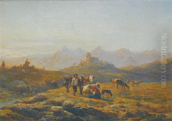 Paysage Au Troupeau Et Au Vieux Chateau Oil Painting by Benjamin Netter