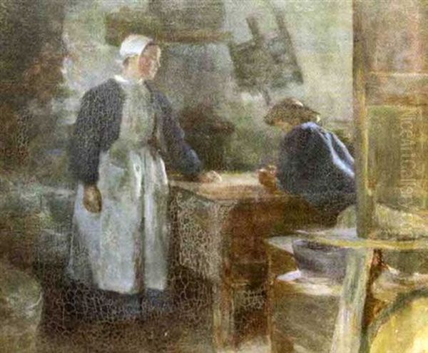 Interior Brittany Genre Scene Depicting A Young Girl Leaning On A Table At Which A Young Man In Seated by Walter Nettleton