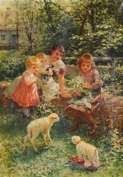 Mutter Und Kinder Im Garten Oil Painting by Hermann Neuber